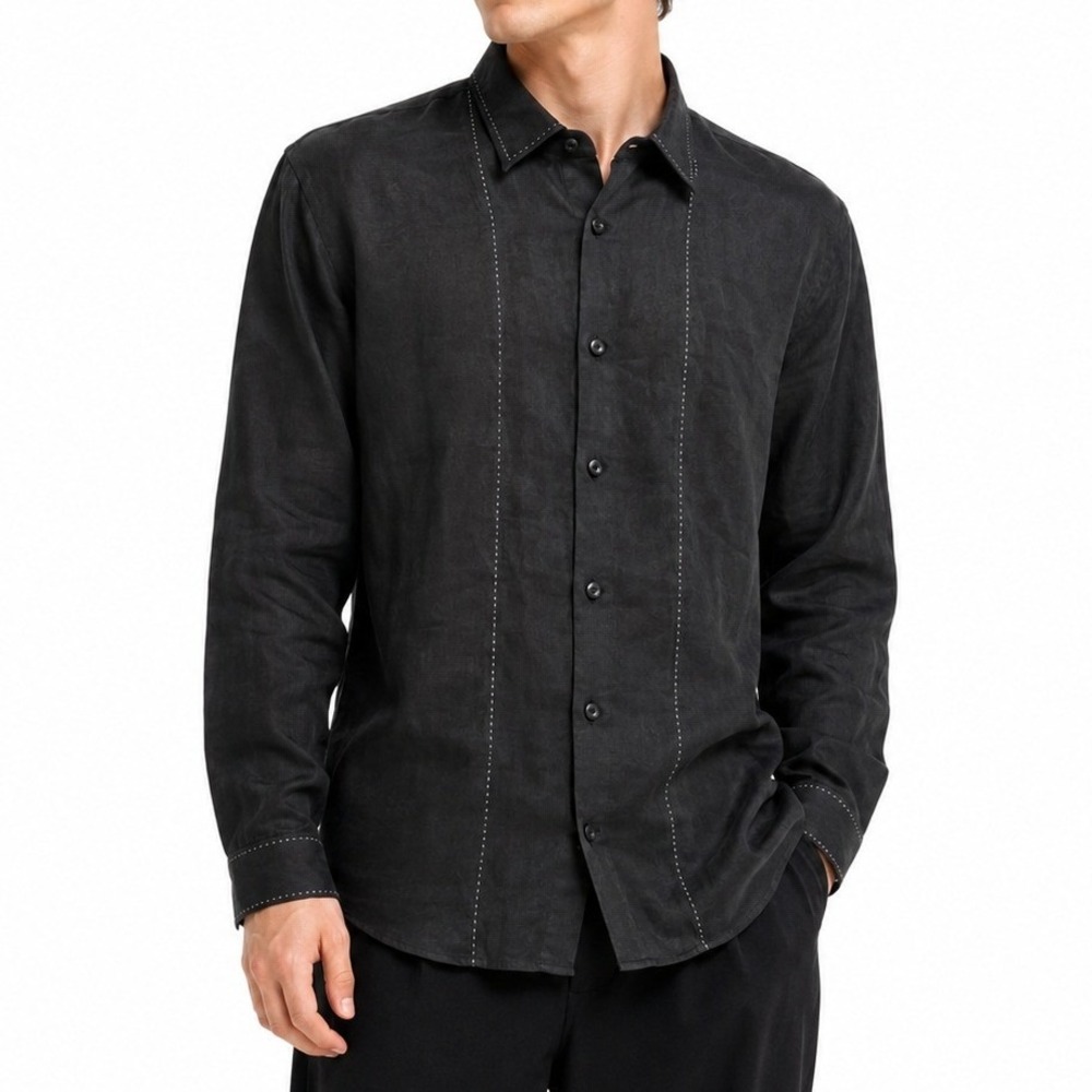 Cubavera Shirt Men XL Black Linen Blend Long Sleeve Button Down Tropical Casual